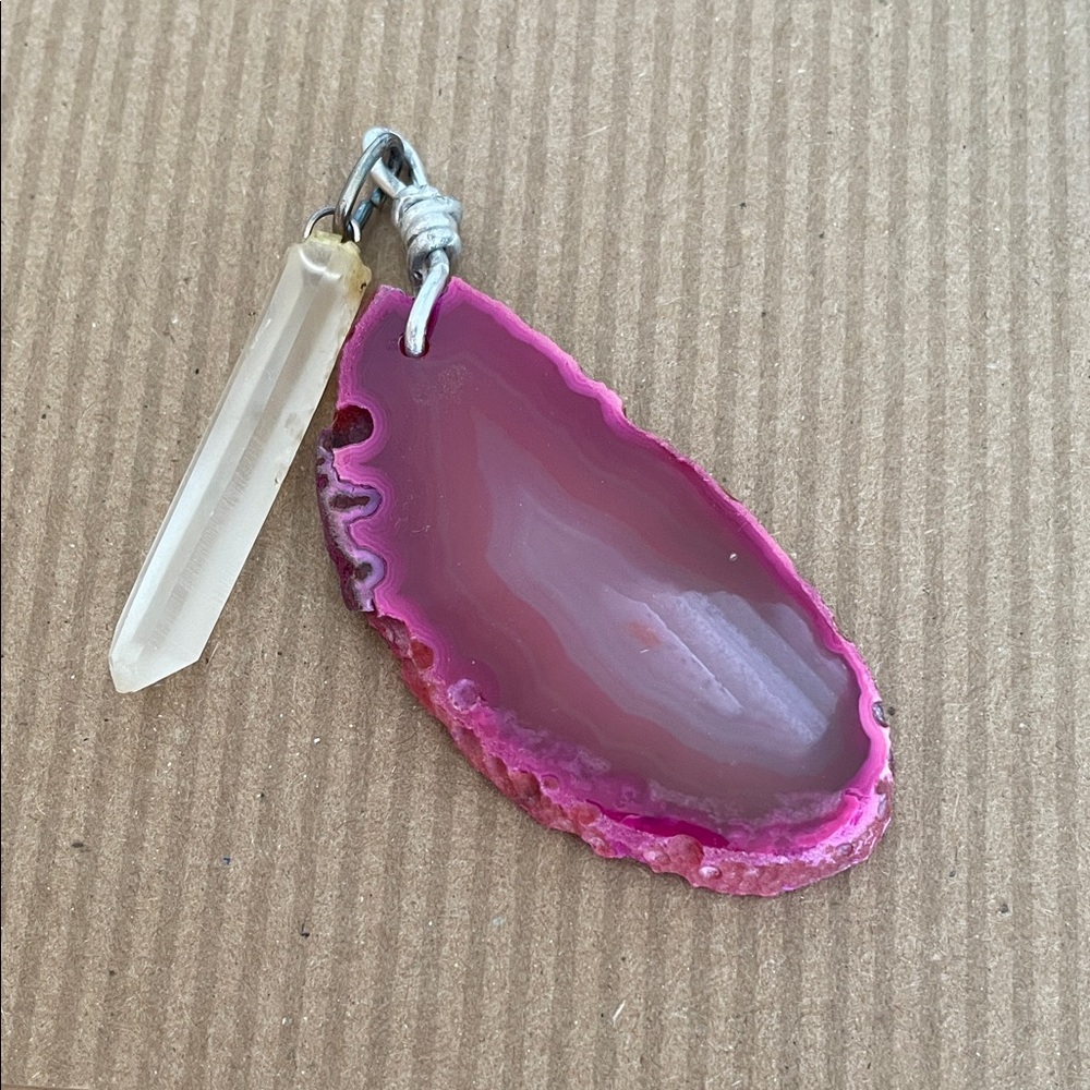 RARE.  Pink Agate Slice & Crystal Pendant